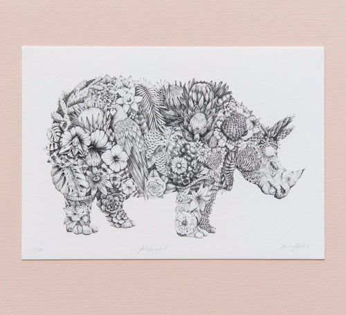 Limited edition botanic rhino print "Albrecht" by artist Emma Morgan