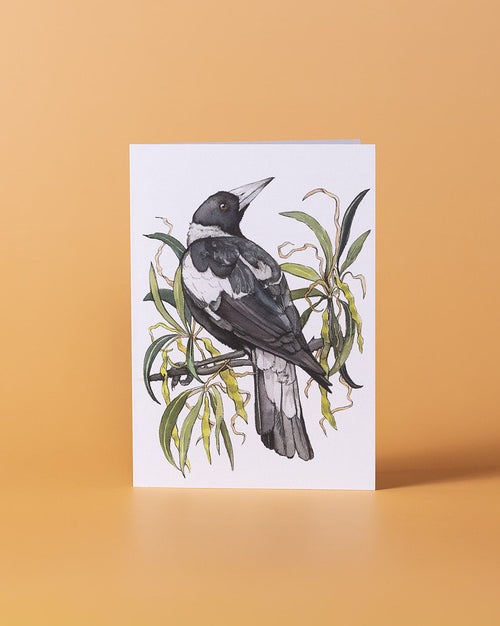 A vertical white card featuring a detailed illustration of a black and white magpie bird perched on a branch with green leaves, set against a warm peach-orange background.