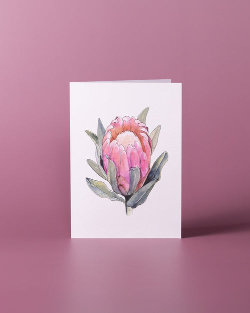 A vertical white greeting card featuring a watercolor illustration of a pink protea flower with green leaves, standing upright on a matching pink surface against a solid pink background.