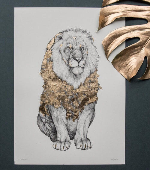 Golden lion print "Alexander" by artist Emma Morgan